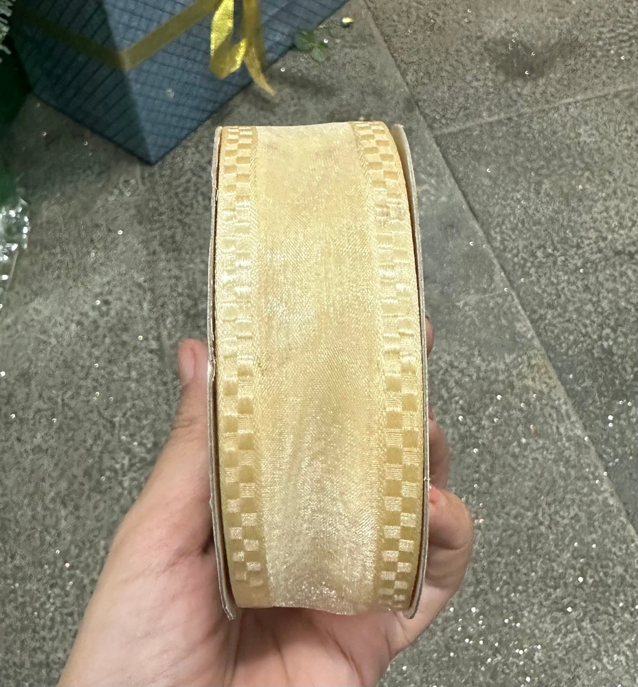 Cuộn Ruy Băng 10 Mét Màu Vàng Viền Caro Trang Trí Noel