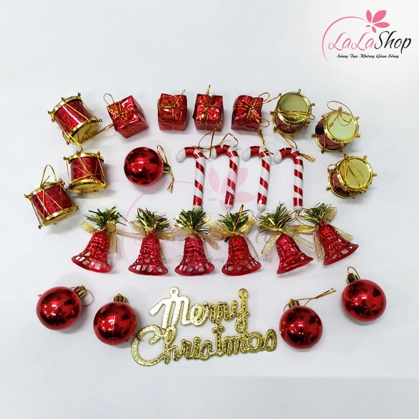 Túi Châu Đủ Loại 25 phụ kiện treo kèm bảng MerryChristmas trang trí cây thông noel