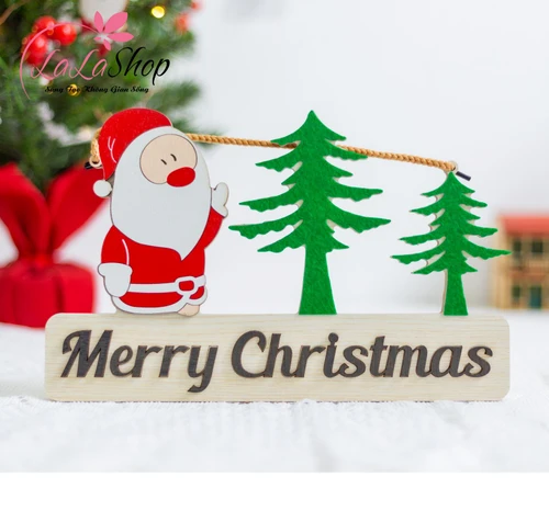 Bảng gỗ treo trang trí noel cây thông merry christmas ông già noel mẫu 2