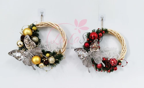Vòng Nguyệt Quế 30cm quả châu bươm bướm merry christmas sắc đỏ trang trí noel có đèn led