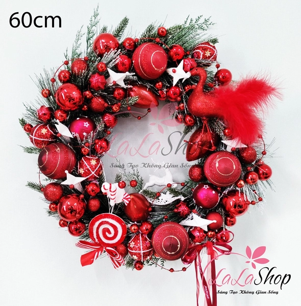 Vòng nguyệt quế treo cửa lớn sắc đỏ 60cm rực rỡ kèm đèn LED trang trí noel loại cao cấp