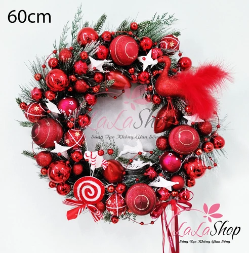 Vòng nguyệt quế treo cửa lớn sắc đỏ rực rỡ trang trí noel loại cao cấp