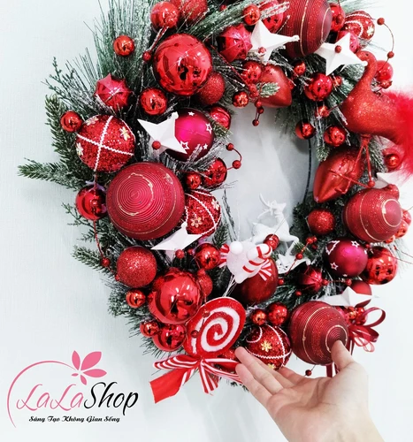 Vòng nguyệt quế treo cửa lớn sắc đỏ rực rỡ trang trí noel loại cao cấp