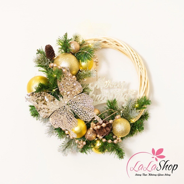 Vòng Nguyệt Quế 35cm quả châu bươm bướm merry christmas trang trí noel có đèn led