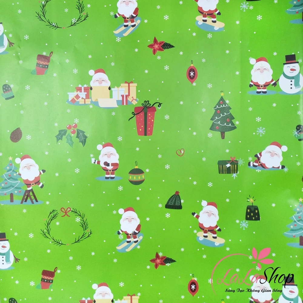 Giấy gói quà ông già noel cây thông họa tiết noel nền xanh