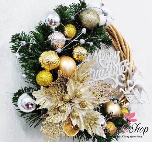 Vòng Nguyệt Quế 35cm quả châu hoa trạng nguyên merry christmas trang trí noel có đèn led