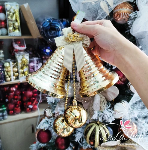 Chuông đôi 10cm merry christmas trang trí noel màu vàng