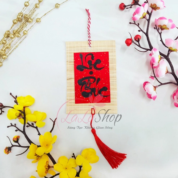 Liễn mành tre thư pháp đỏ 10x15cm Lộc Phúc liễn treo trang trí tết