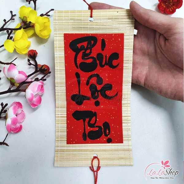 Liễn mành tre thư pháp 10x20cm Chữ Phúc Lộc Thọ liễn treo trang trí tết