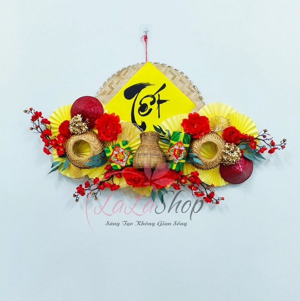Mẹt tết thư pháp lớn 1 mét sắc vàng hoa đỏ handmade trang trí tết
