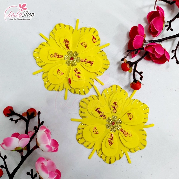 Combo 2 bông mai vàng xốp dẻo 10cm chúc mừng năm mới kim tuyến trang trí tết