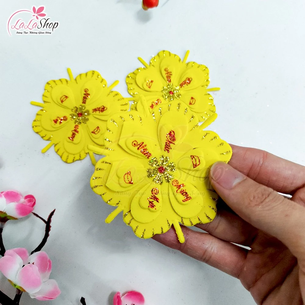 Combo 3 bông mai vàng xốp dẻo 7cm chúc mừng năm mới kim tuyến trang trí tết