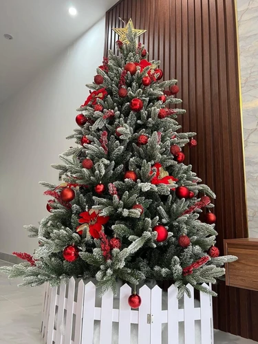 Cây thông lá PE phủ tuyết gắn trái đỏ - cây tự động