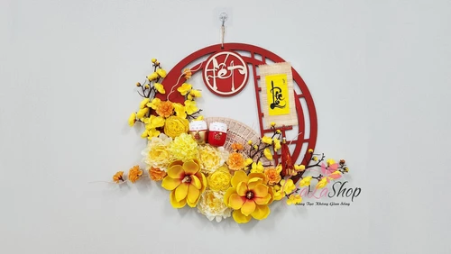 Vòng hoa 50cm trang trí tết sắc vàng chữ tết