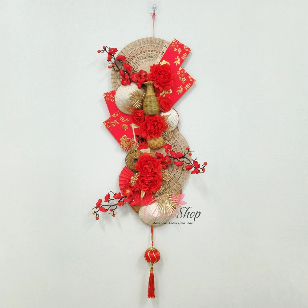 Liễn tết 1m2 quạt nón lá sắc đỏ tài lộc trang trí tết