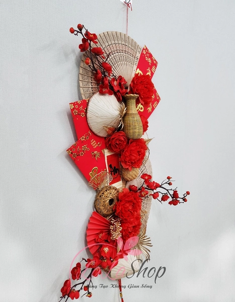 Liễn quạt Tết 1m2 quạt nón lá sắc đỏ tài lộc trang trí Tết