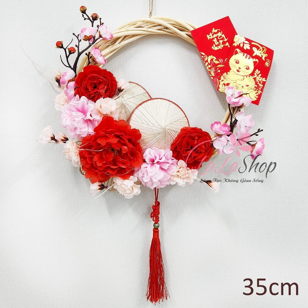 Vòng Hoa Trang Trí Tết Hoa Mẫu Đơn Hoa Đào Kèm Đèn 35cm