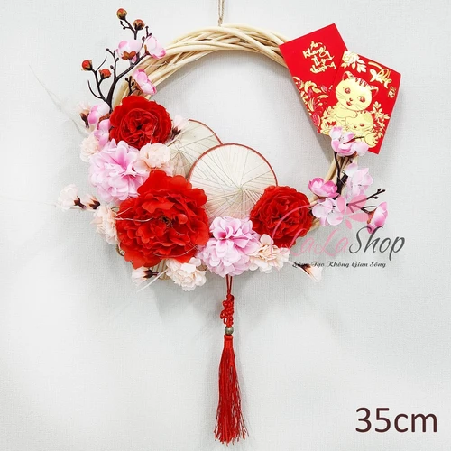 Vòng Hoa Trang Trí Tết Hoa Mẫu Đơn Hoa Đào Kèm Đèn 35cm