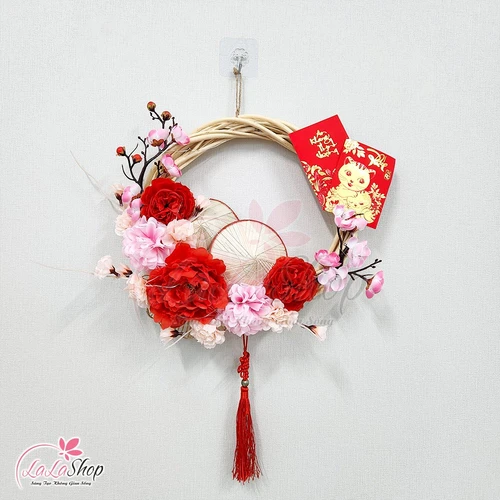 Vòng Hoa Trang Trí Tết Hoa Mẫu Đơn Hoa Đào Kèm Đèn 35cm