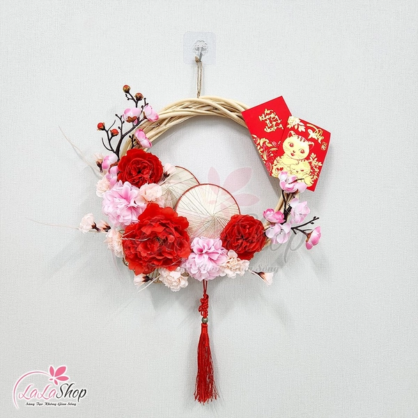 Vòng Hoa Trang Trí Tết Hoa Mẫu Đơn Hoa Đào Kèm Đèn 35cm