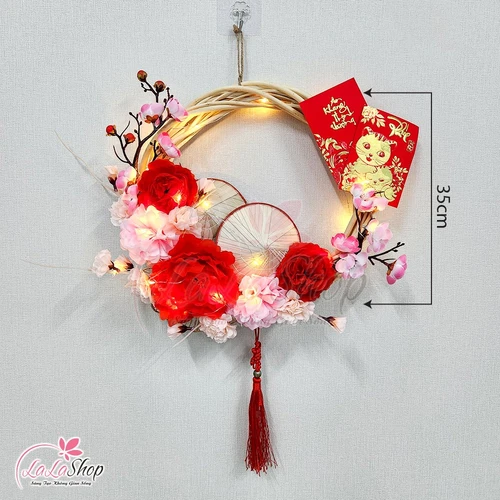 Vòng Hoa Trang Trí Tết Hoa Mẫu Đơn Hoa Đào Kèm Đèn 35cm