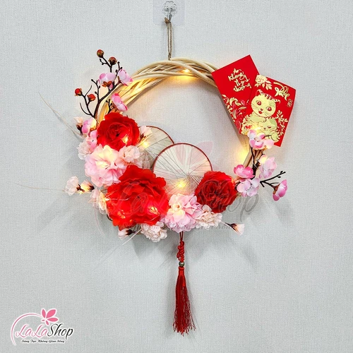 Vòng Hoa Trang Trí Tết Hoa Mẫu Đơn Hoa Đào Kèm Đèn 35cm