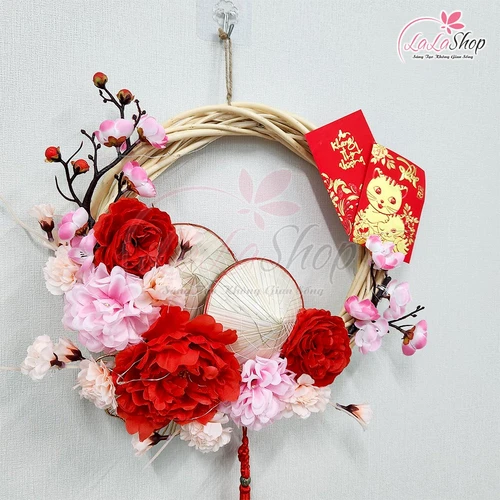 Vòng Hoa Trang Trí Tết Hoa Mẫu Đơn Hoa Đào Kèm Đèn 35cm