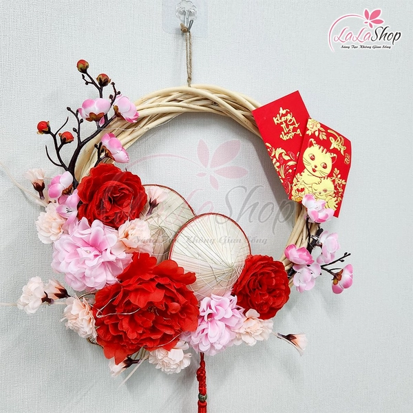 Vòng Hoa Trang Trí Tết Hoa Mẫu Đơn Hoa Đào Kèm Đèn 35cm