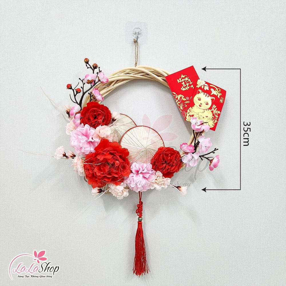 Vòng Hoa Trang Trí Tết Hoa Mẫu Đơn Hoa Đào Kèm Đèn 35cm