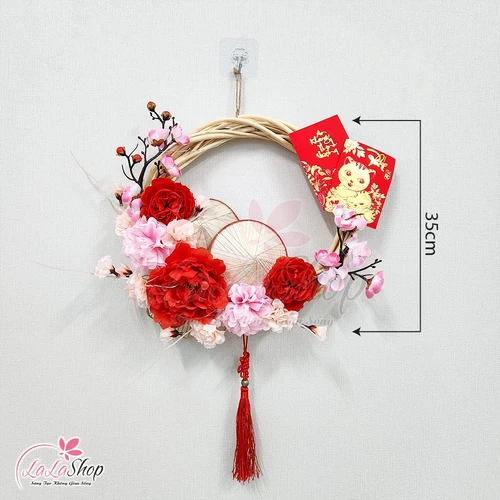 Vòng Hoa Trang Trí Tết Hoa Mẫu Đơn Hoa Đào Kèm Đèn 35cm