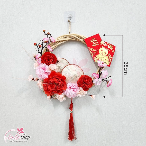 Vòng Hoa Trang Trí Tết Hoa Mẫu Đơn Hoa Đào Kèm Đèn 35cm