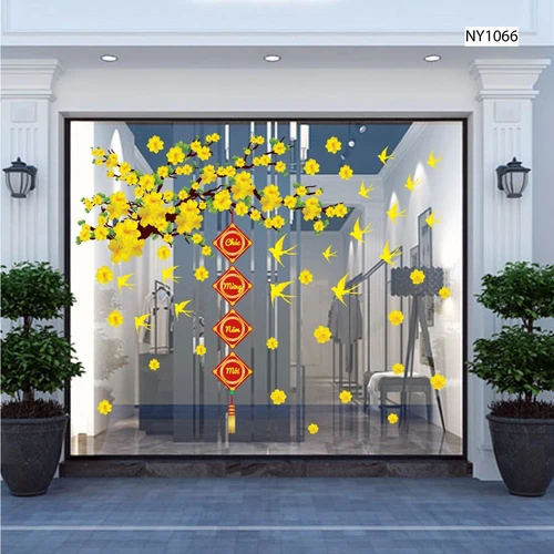 Combo decal trang trí tết mai vàng nở rộ chúc mừng năm mới