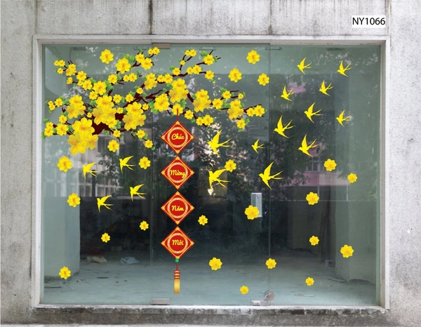 Combo decal trang trí tết mai vàng nở rộ chúc mừng năm mới