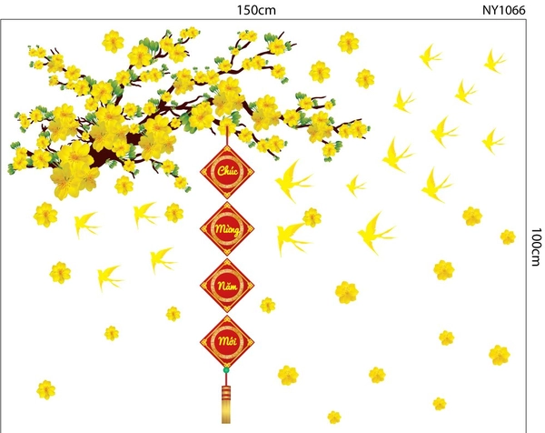 Combo decal trang trí tết mai vàng nở rộ chúc mừng năm mới