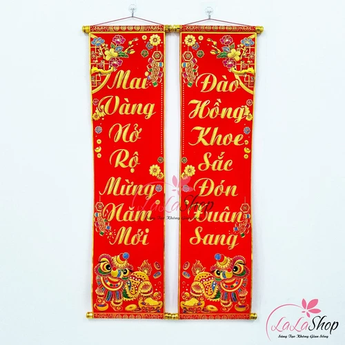 Bộ liễn câu đối Mai Vàng Nở Rộ Mừng Năm Mới  - Đào Hồng Khoe Sắc Đón Xuân Sang