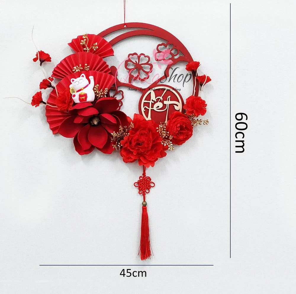 Vòng Tết Hoa Mẫu Đơn Kèm Mèo Thần Tài Treo Cửa 45cm
