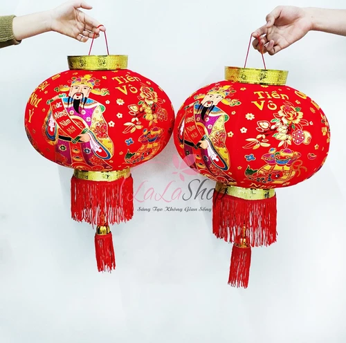 Cặp lồng đèn nhung cao cấp Thần tài chúc mừng năm mới 70x40x30cm