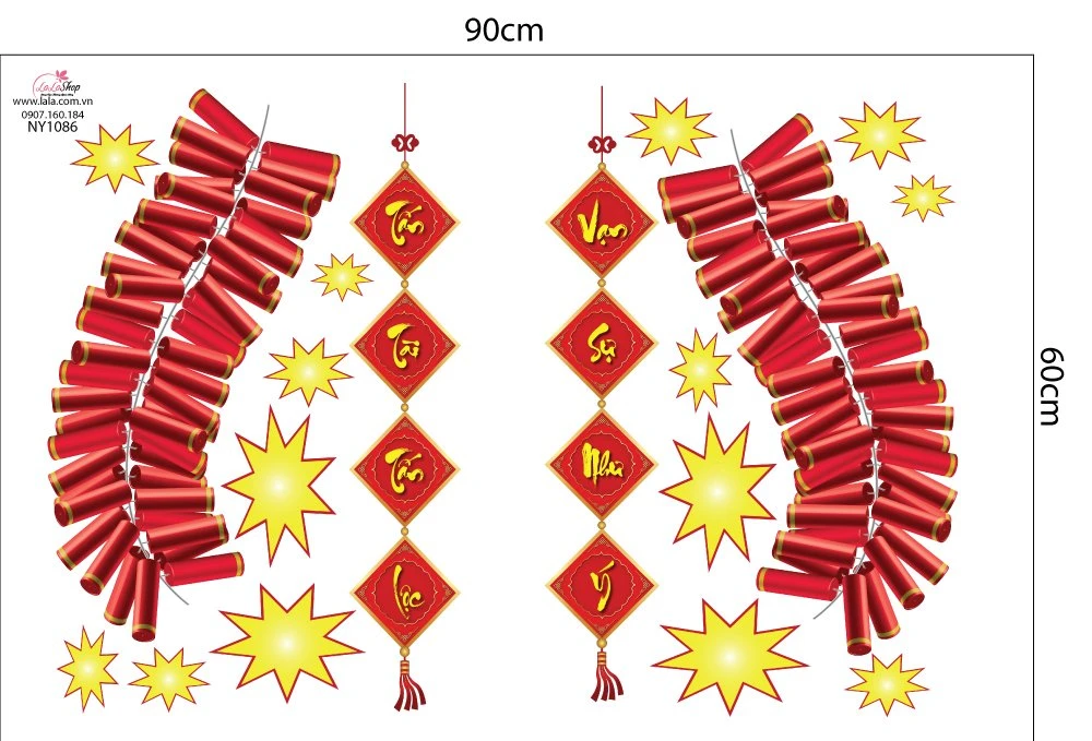 Decal trang trí tết tấn tài tấn lộc vạn sự như ý và pháo đỏ