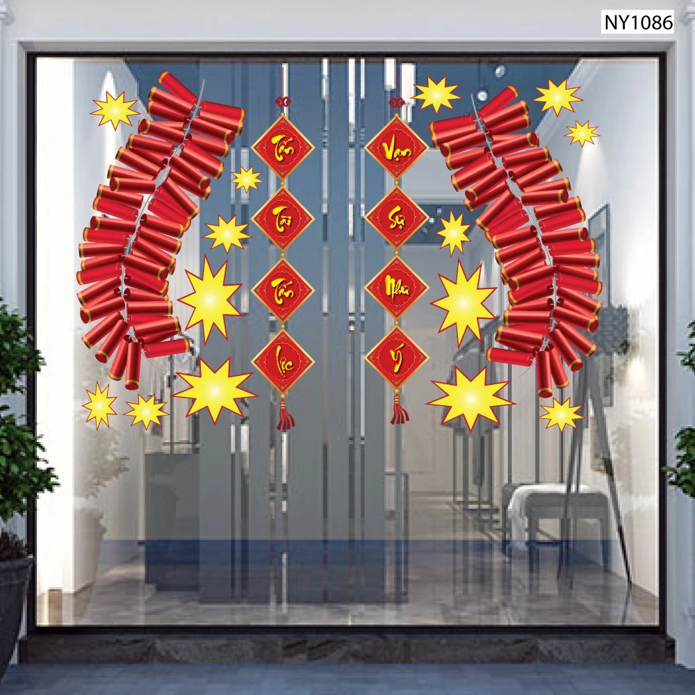 Decal trang trí tết tấn tài tấn lộc vạn sự như ý và pháo đỏ