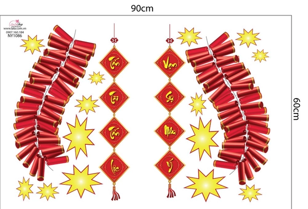 Decal trang trí tết tấn tài tấn lộc vạn sự như ý và pháo đỏ