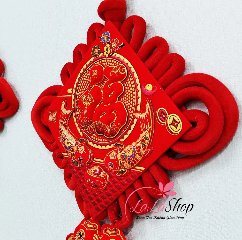 Liễn nhung đỏ chữ phúc cá chép 75cm trang trí tết mẫu 04