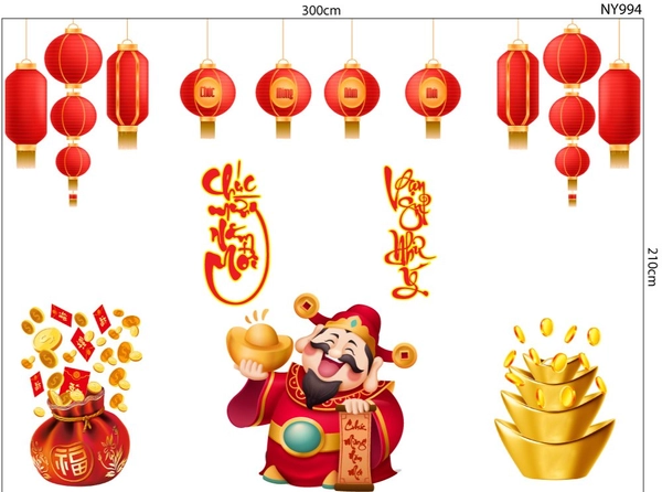Combo Decal Trang Trí Tết Thần Tài Chúc Mừng Năm Mới