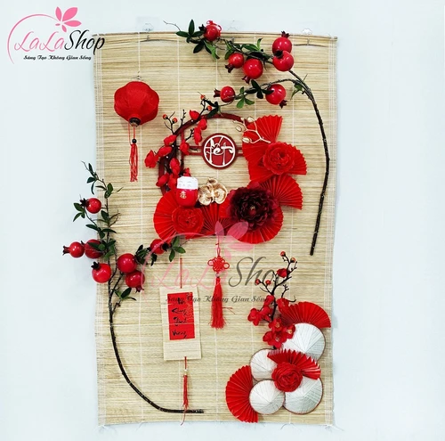 Tiểu cảnh mành tre mành tre tết an khang thịnh vượng sắc đỏ rực rỡ trang trí tết