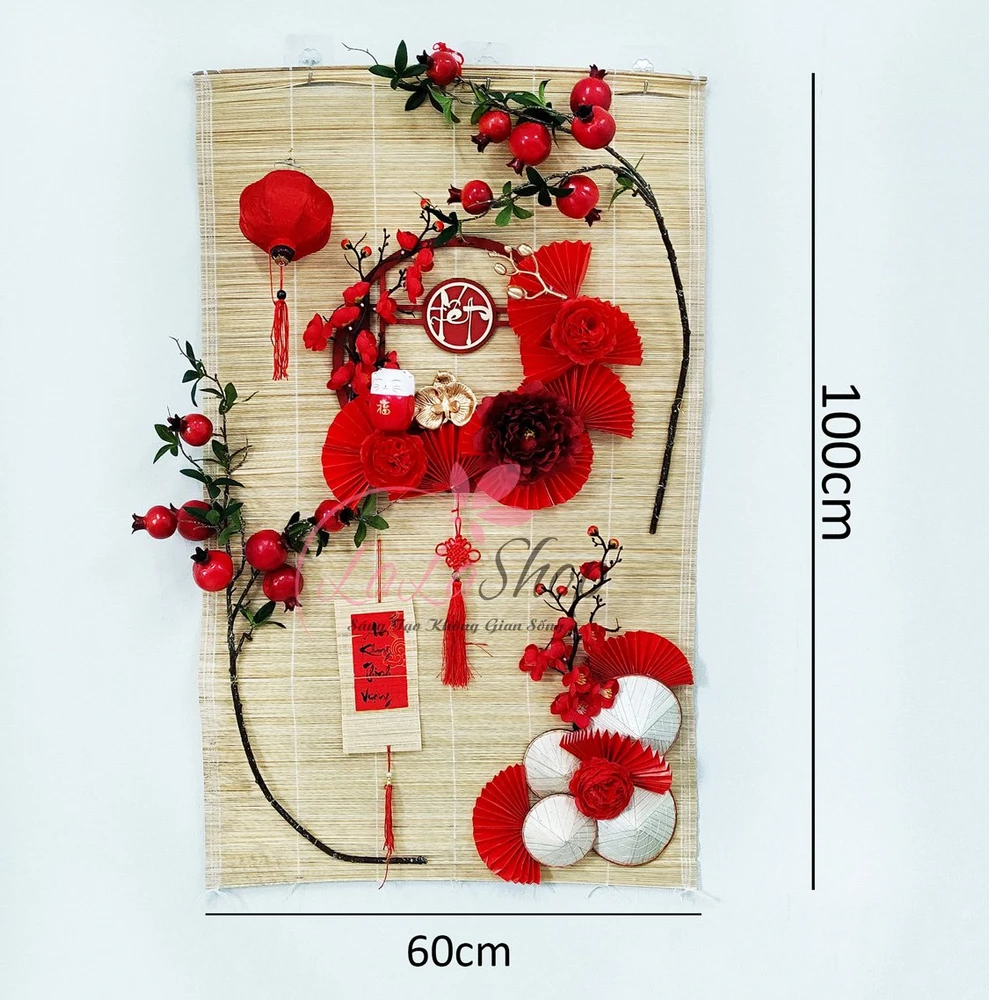 Tiểu cảnh mành tre mành tre tết an khang thịnh vượng sắc đỏ rực rỡ trang trí tết
