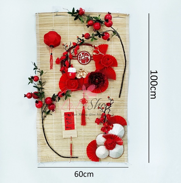 Tiểu cảnh mành tre tết an khang thịnh vượng sắc đỏ rực rỡ trang trí tết