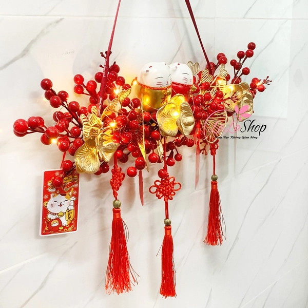 Dây đào đông treo cửa mèo thần tài trang trí tết