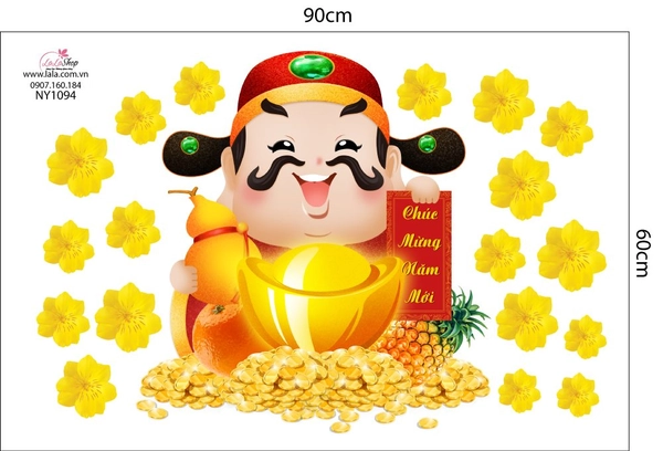Decal Trang Trí Tết Thần Tài Vàng Và Hoa Mai