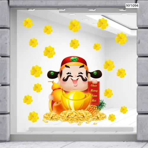 Decal Trang Trí Tết Thần Tài Vàng Và Hoa Mai