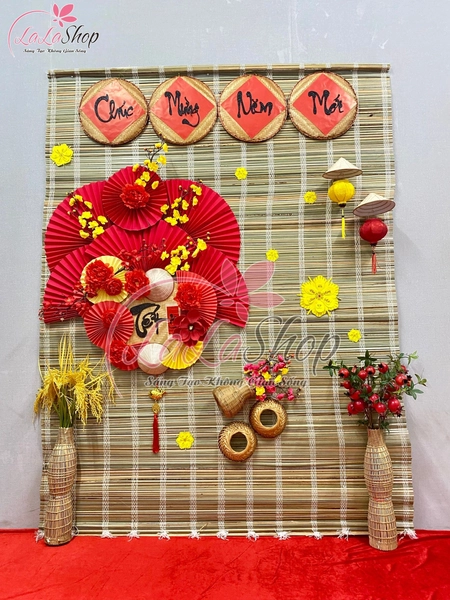 Tiểu Cảnh Mành Tre Chúc Mừng Năm Mới Trang Trí Tết
