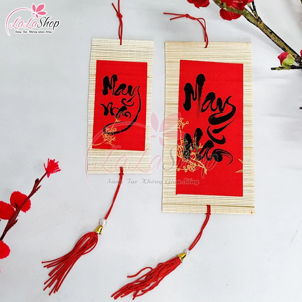 Liễn mành thư pháp đỏ chữ may mắn liễn treo trang trí tết